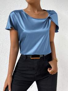 Twist Front Asymmetrical Neck Satin Blouse,Short Sleeve Tops - Blue - View 6