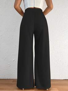 高腰拼接細節闊腿褲 - 黑色 - 查看 2