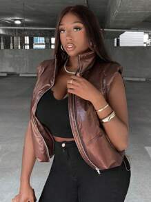 Slaydiva Zip Up PU Leather Vest Padded Coat - Brown - View 5
