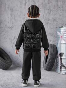 Young Boy Zip Up Hooded Padded Coat & Contrast Piping Sweatpants - Black - View 2