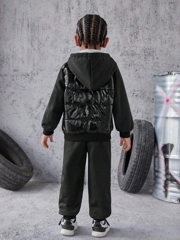 Young Boy Zip Up Hooded Padded Coat & Contrast Piping Sweatpants