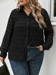 SHEIN LUNE Plus Solid Button Front Blouse - Black - View 5