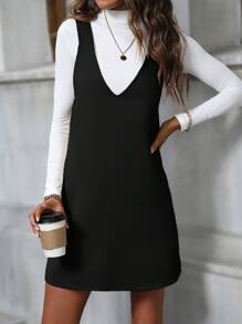 SHEIN LUNE Solid Pinafore Dress Without Tee - Black - View 1