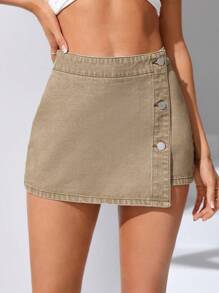 SHEIN Essnce 前紐扣圍裹牛仔裙褲 - 棕色 - 查看 5