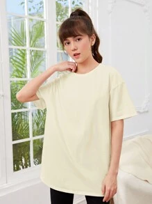 SHEIN Teen Girl Slogan & Cartoon Graphic Drop Shoulder Tee - Apricot - View 3