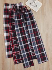 3pcs Plaid Print Bow Front Pajama Sleep Pants Bow Tie, Fall Winter Clothes