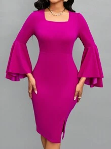 SHEIN Lady Flounce Sleeve Split Thigh Bodycon Dress - Hot Pink - View 3