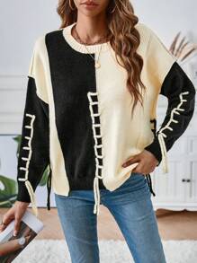 SHEIN LUNE Two Tone Lace Up Front Drop Shoulder Sweater