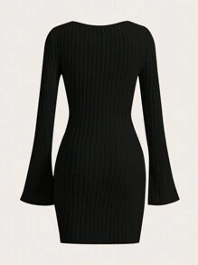 SHEIN EZwear Plus Size Women Black Round Neck Flared Sleeve Bodycon Elegant Dress