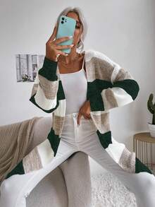 SHEIN Essnce Cárdigan largo de color combinado con parte delantera abierta de manga murciélago - Verde - Ver 5