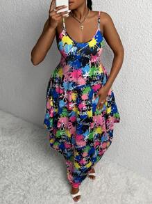 Slaydiva 大碼滿版印花大露背吊帶洋裝 - 彩色 - 查看 2