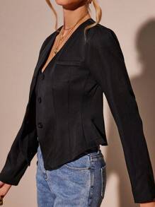 SHEIN Clasi 正面純色鈕扣夾克 - 黑色 - 查看 3