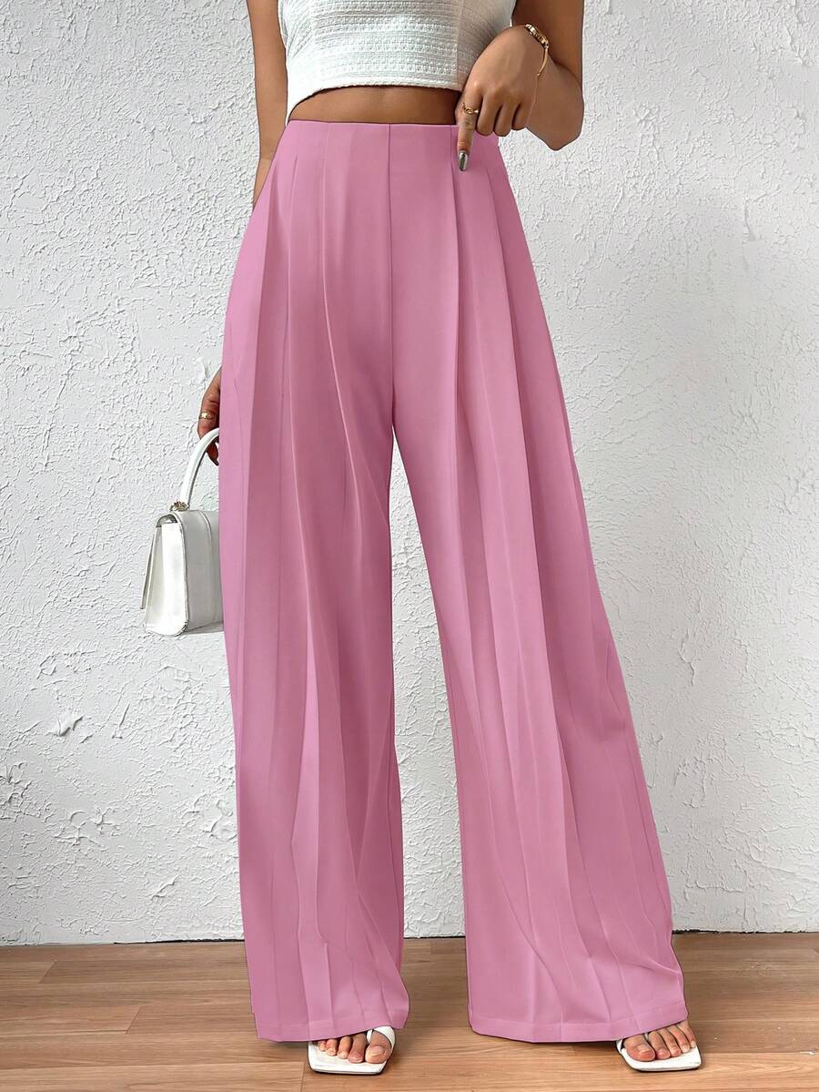 High Waist Plicated Detail Wide Leg Pants - Pink - View 1