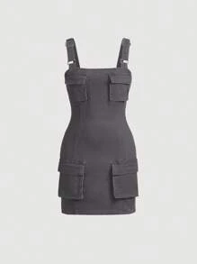 SHEIN Teen Girl Flap Pocket Overall Denim Dress - Grey - View 1