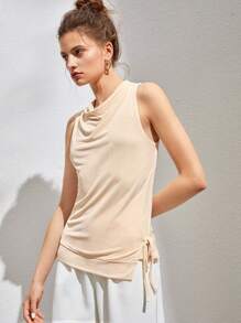 Cowl Neck Drawstring Ruched Tank Top - Beige - View 5