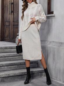 Chiquease Áo cao cổ Thả vai Áo len & Viền chia cắt Váy dệt kim - Màu be - Xem 4