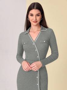 Modelyn 撞色滾邊前紐扣緊身洋裝 - 淺灰色 - 查看 3