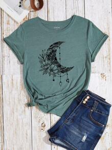 INAWLY Moon & Floral Print Tee Graphic Tees Women Tops - Dark Green - View 1