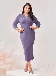 Modelyn Plus Button Front Bodycon Dress - Purple - View 1