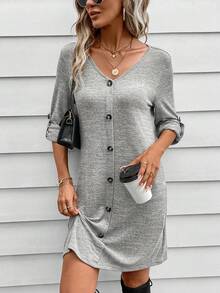 SHEIN LUNE 捲邊袖前紐扣T恤洋裝 - 灰色 - 查看 3