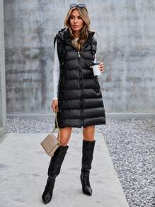 EURMUSE Slant Pockets Hooded Vest Puffer Coat - Black - View 5