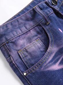 Men Splash Ink Print Ripped Frayed Bleach Wash Jeans - Purple - View 3