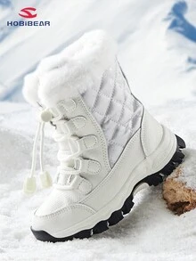 冬季儿童雪地靴，中筒防滑防水保暖保暖内衬鞋，适合男孩和女孩冬季步行 - 白色 - 查看 5