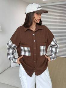 SHEIN EZwear Plaid Print Drop Shoulder Pocket Patched Button Front Shacket