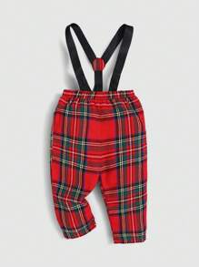SHEIN Baby Boy Tartan Print Bow Front Shirt & Suspender Pants, For Christmas Autumn Winter Clothes FGirlmen - Multicolor - View 7