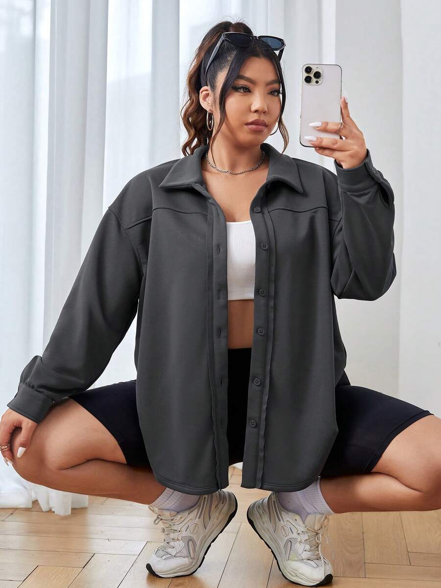 SHEIN EZwear Plus Drop Shoulder Button Front Coat - Dark Grey - View 1