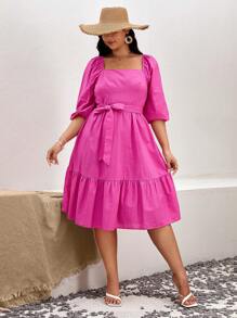 SHEIN VCAY Plus Square Neck Puff Sleeve Ruffle Hem Belted Dress