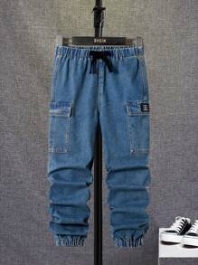 SHEIN Tween Boy Drawstring Waist Flap Pocket Cargo Jeans - Medium Wash - View 1