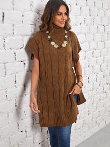 EMERY ROSE 1入組高領後紐扣下擺開叉毛衣洋裝 - 棕色 - 查看 2