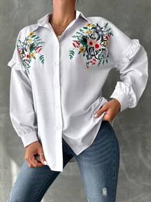EURMUSE Floral Embroidery Ruffle Trim Drop Shoulder Shirt - White - View 3