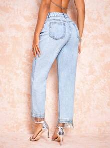 SHEIN BAE 高腰流蘇裝飾牛仔褲 - 藍色 - 查看 2