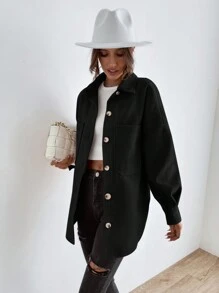 SHEIN LUNE Drop Shoulder Pocket Patched Coat - Black - View 8