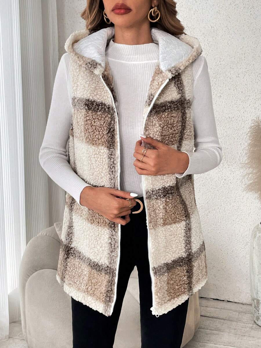 SHEIN Frenchy 1pc Plaid Pattern Hooded Teddy Vest Coat - Khaki - View 1