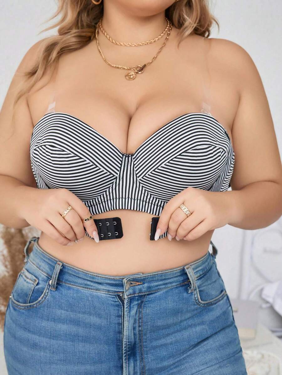 Plus Striped Print Underwire Bra With 1pair Transparent Strap - Black and White - View 1