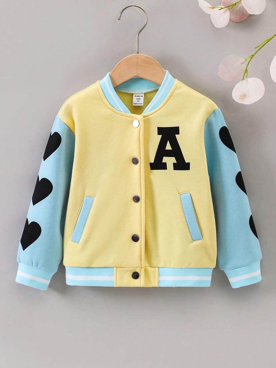 SHEIN Cô Gái Trẻ Đồ họa Trái tim & Chữ cái Khối màu Áo khoác Đại học - Nhiều màu - Xem 1