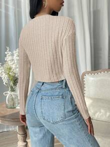 SHEIN EZwear 素色羅紋針織短款T恤 - 杏色 - 查看 2