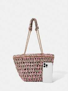SHEIN VCAY Women's Woven Shoulder Bag With Zipper And Chain Large Capacity Simple And Fashionable Multifunctional - Multicolor - View 3