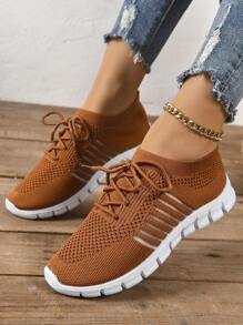 女士針織透氣綁帶極簡風格運動鞋 - 摩卡棕 - 查看 6