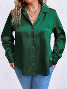SHEIN Clasi Plus Size Vrouwen Feestkleding Satijnen Shirt Met Lange Mouwen Met Kraag En Studs, Formele Gelegenheidskleding