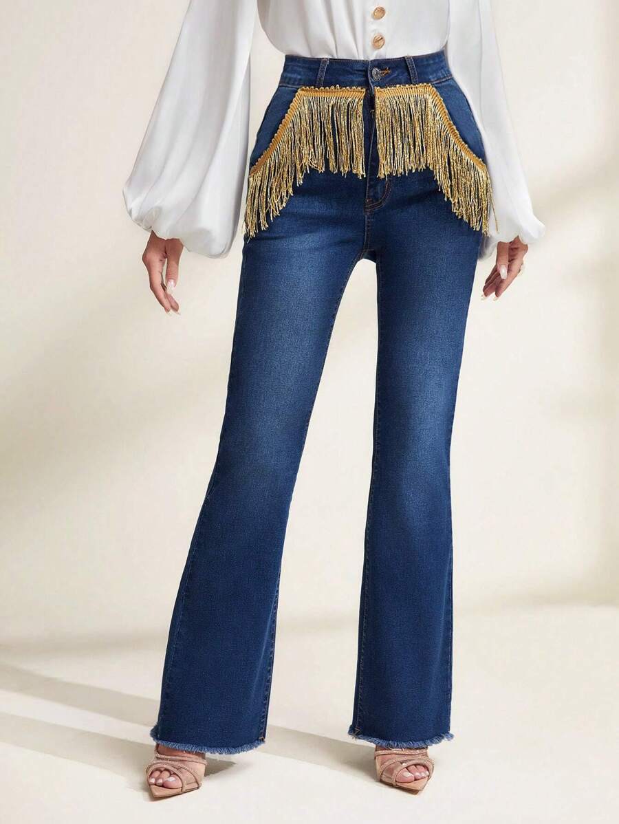SHEIN Privé 高腰流蘇飾邊喇叭牛仔褲 - 藍色 - 查看 1