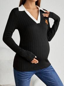 SHEIN Maternity Bear Patched Contrast Collar Tee - Black - View 4