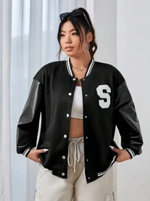 SHEIN EZwear 大碼字母植絨條紋飾邊落肩袖學院風夾克 - 黑色 - 查看 3