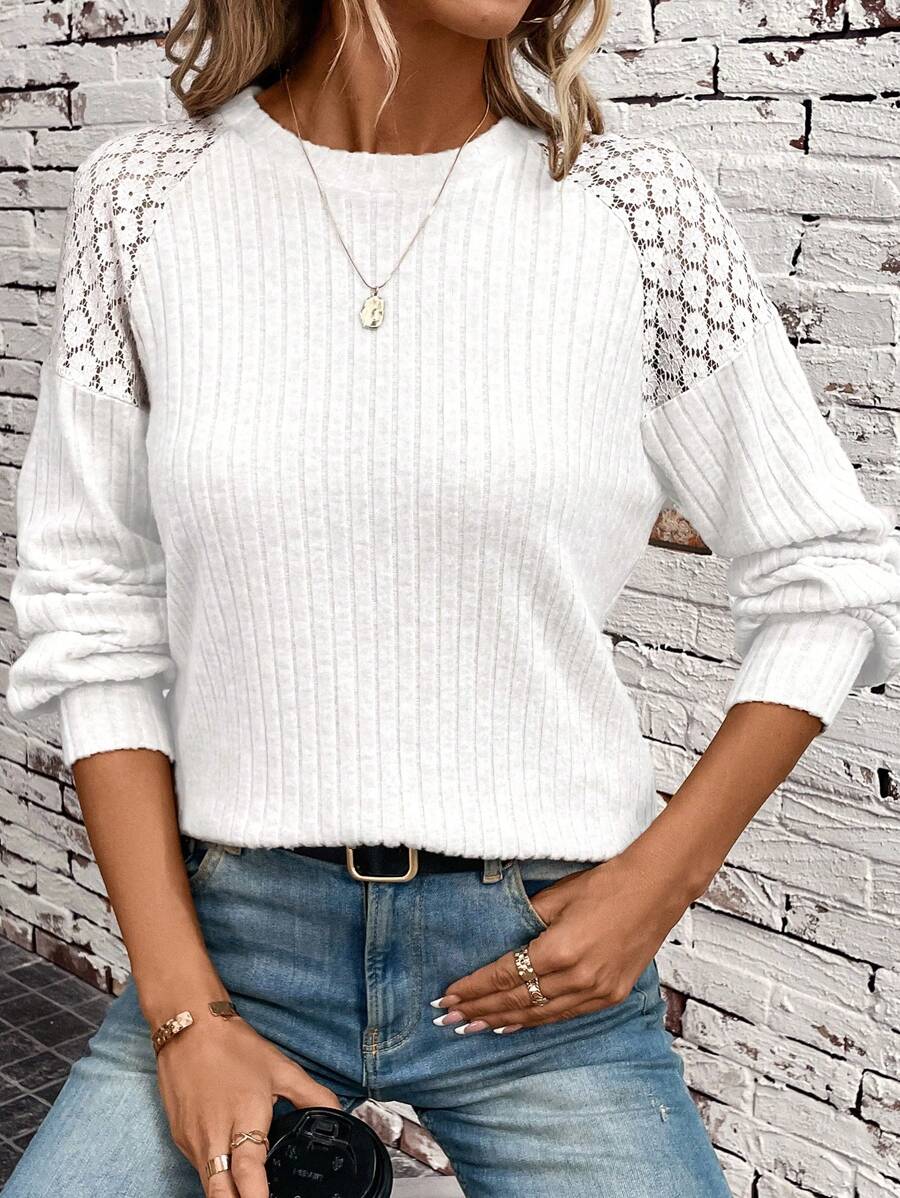 SHEIN LUNE 蕾絲拼接插肩袖運動衫 - 白色 - 查看 1