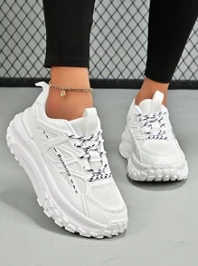 女士戶外舒適防滑透氣圓頭低幫綁帶運動鞋，色塊厚底運動鞋 - 白色 - 查看 1