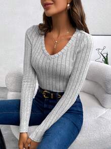 SHEIN LUNE Body de cuello V tejido de canalé - Gris - Ver 3