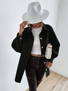 SHEIN LUNE Drop Shoulder Pocket Patched Coat - Black - View 4